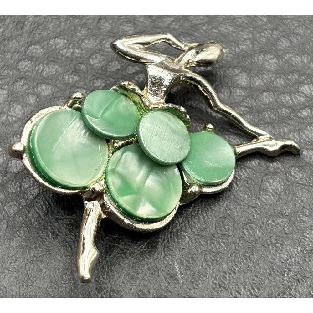 Vintage Ballerina Brooch Pin Green Faux Mother of Pearl Silver Tone Ballet Dance